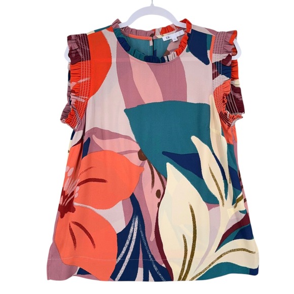 DR2 Floral Print Ruffle Sleeve Top Womens Size S Abstract Sleeveless Blouse - Picture 1 of 7